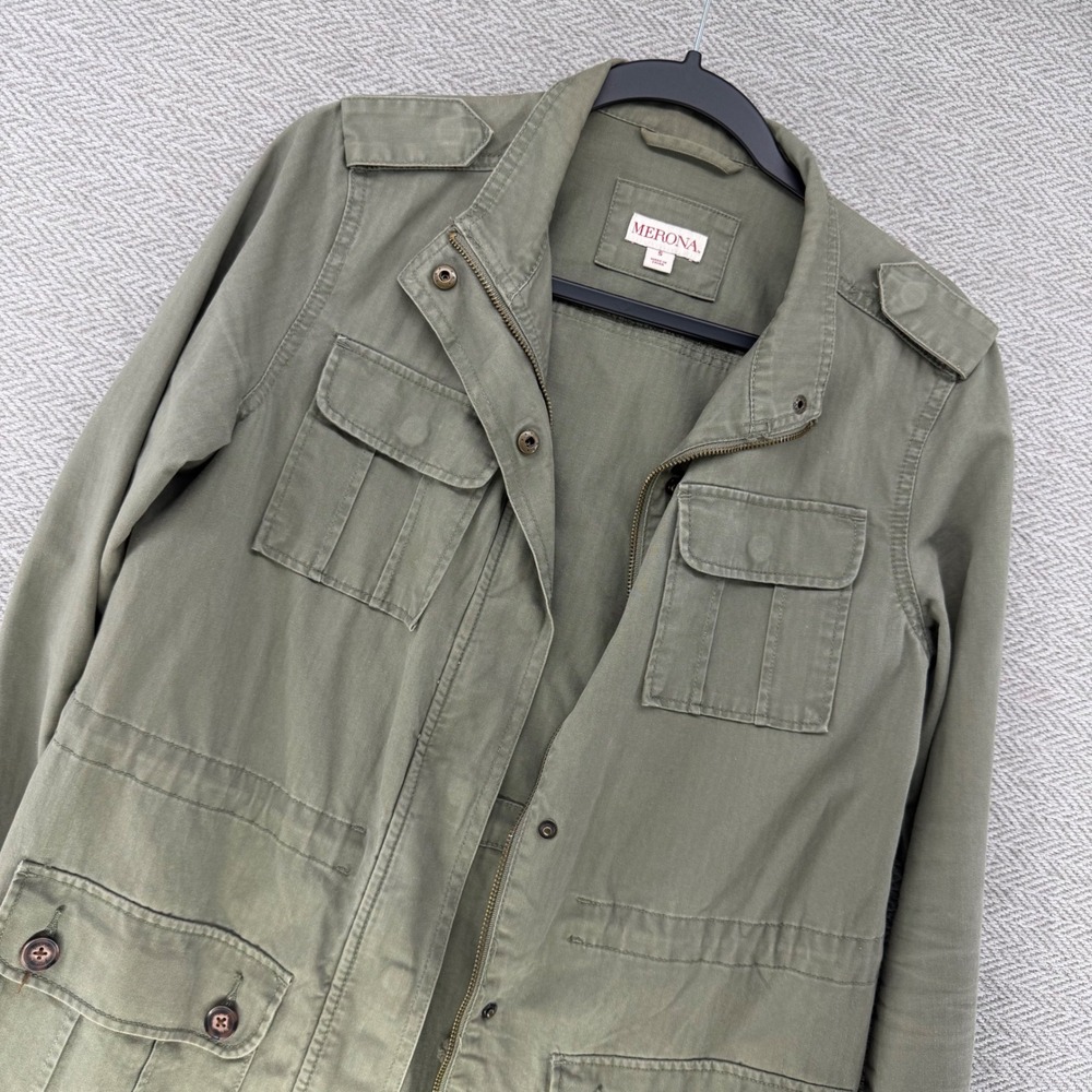 Merona Field Jacket Small Green Cotton Utility Military Cargo Safari Coat Mens